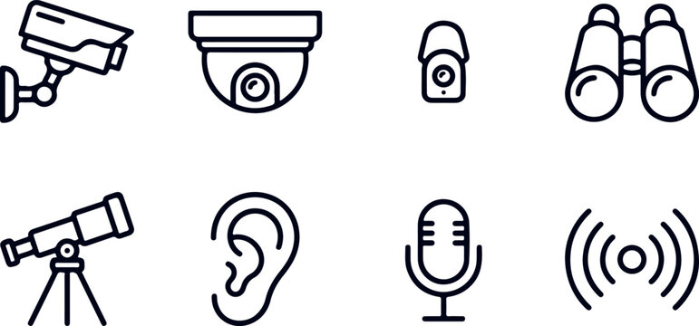 Surveillance and observation equipment icons including binoculars telescope camera and ear.