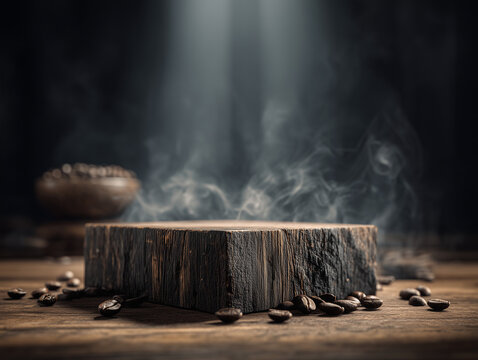 Rustic wooden pedestal with coffee beans and steam for product display.