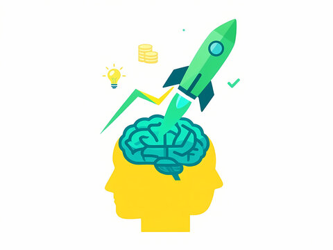 Creative concept of modern digital workspace, innovation and brainstorming with human head profile, rocket launch, gears, happy remote worker emoji, and graphic designer using table