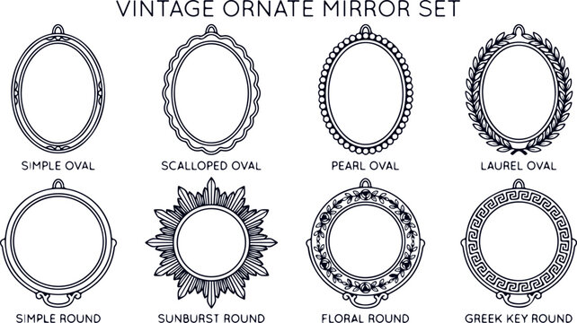 Collection of vintage ornate mirror frames in various shapes like oval round and decorative styles.