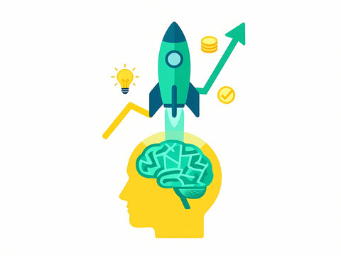 Creative concept of modern digital workspace, innovation and brainstorming with human head profile, rocket launch, gears, happy remote worker emoji, and graphic designer using table