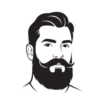 Bearded man vector illustration with mustache and pompadour hairstyle for barbershop logo and male grooming branding