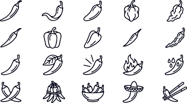 Collection of chili pepper and bell pepper outline icons on transparent background.