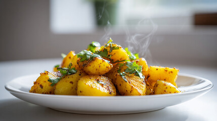 Steaming hot roasted potatoes with spices and fresh cilantro on a white plate © kusum