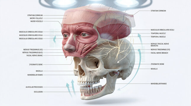 Unveiling the complex beauty of human facial anatomy from surface skin to deep skeletal bone