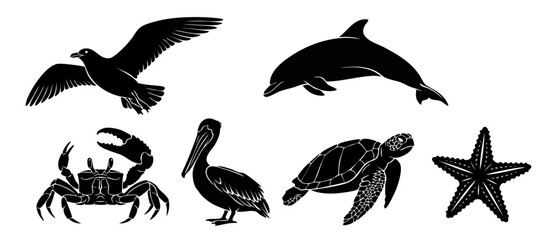 Obraz premium Marine animal silhouettes vector set featuring dolphin, turtle, crab, starfish, pelican, and seagull icons isolated on white background for minimalist coastal design, print patterns, logo branding.