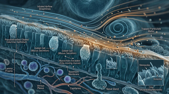 Whispering winds of vital breath an intricate journey of microscopic guardians cleansing the respiratory path