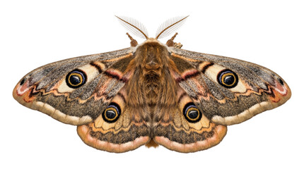 Beautiful large moth with intricate patterns on its wings, featuring prominent eye-like spots. © Png ProTeam