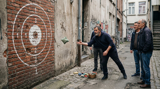 Spirited beanbag throw in an old city alley, moments of camaraderie and playful competition