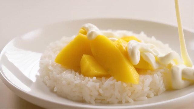Mango Sticky Rice Served on a White Plate with a Spoon Featuring Dessert, Sweet, Tropical with Yellow and Food Elements for Cuisine, Asian Projects