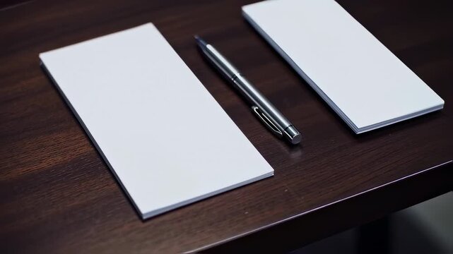 Two blank notebooks and a pen on a dark wooden surface