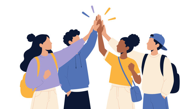 Group of Diverse Friends Celebrate with High Five and Team Spirit.