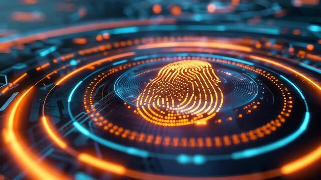 Digital fingerprint authentication technology shows modern design with bright colors and futuristic patterns in a tech environment