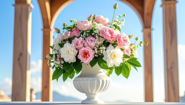 Elegant white urn overflows with soft pink and white roses, framed by arch