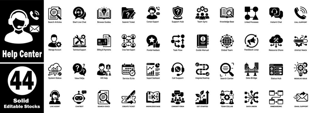Help center support solid icons. Including live chat customer service, technical assistance, billing payments, and knowledge base.