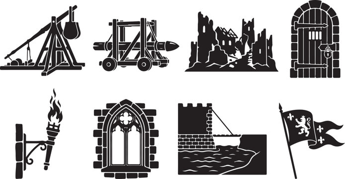 Medieval castle, ancient fortress, black icons, 8 silhouette symbols, medieval architecture elements