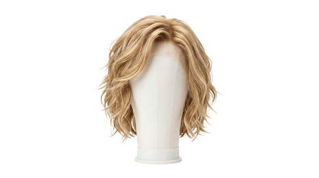 Stylish blonde wig on a white mannequin head, showcasing wavy hair for fashion and beauty concepts.
