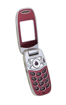 Old flip mobile phone with white screen isolated on white background.