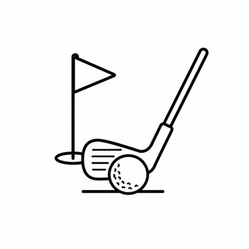 Simple line art icon of a golf club hitting a ball towards a hole with a flag on a professional golf course