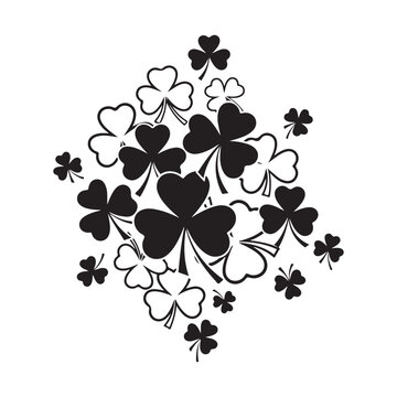Shamrock cluster vector illustration with black silhouettes and outlines for Saint Patrick's Day and Irish luck themed designs