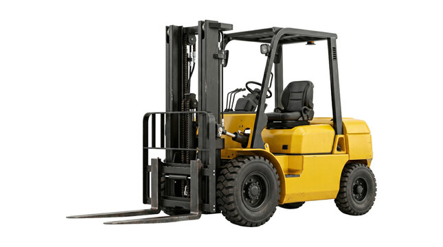 Yellow forklift truck with black accents and a comfortable seat, ready for heavy lifting operations.