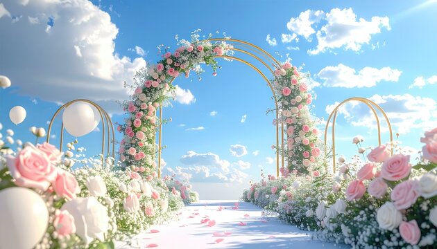 Golden wedding arch adorned with pink and white flowers under a blue sky