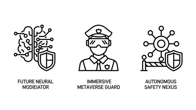 Future neural moderator immersive metaverse guard and autonomous safety nexus icons with metaverse moderator security technology intelligence autonomous protection immersive monitoring