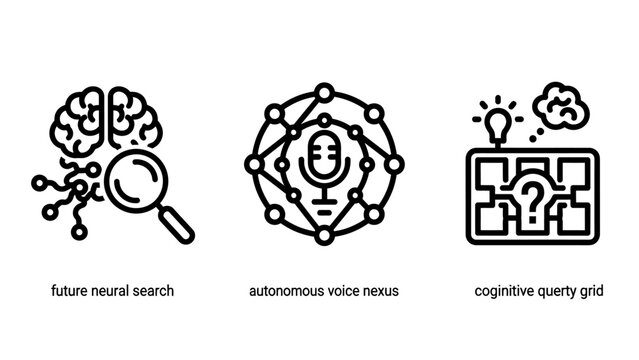 Future neural search autonomous voice nexus and cognitive query grid icons with cognitive magnifying microphone intelligence technology thinking analysis innovation connection automated