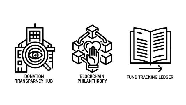 Philanthropy and donation tracking technology icons set with donation blockchain philanthropy transparency tracking technology database security integrity accountability contribution