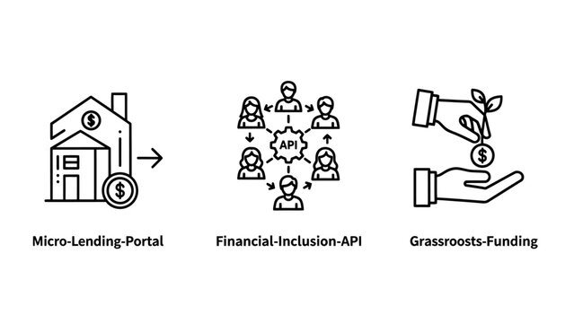 Set of financial technology icons representing micro lending portal financial inclusion api grassroots funding concepts investment crowdfunding technology business donation community
