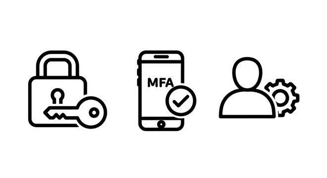 Cybersecurity and user management line icons depicting padlock security multi-factor authentication user configuration with security cybersecurity authentication protection password settings