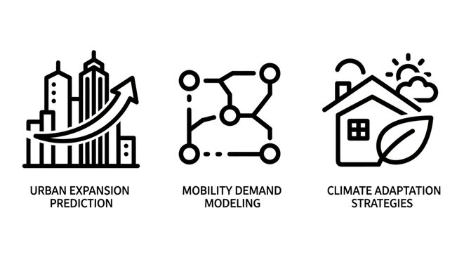 Linear icons collection illustrating urban expansion prediction mobility demand modeling and climate adaptation strategies with planning mobility adaptation expansion transport sustainability