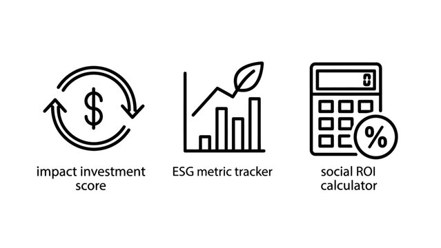 Impact investment esg metric tracking social roi icons with investment calculator sustainability business environment percentage corporate development responsibility analysis calculation