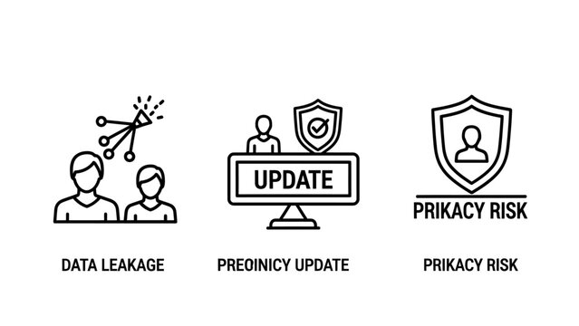 Cybersecurity icons representing data leakage privacy update and potential privacy risk threats with cybersecurity protection security information internet monitoring software technology