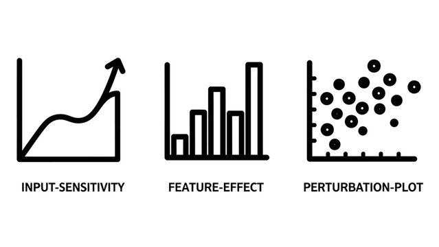 Data analysis and statistical plot icons set with analysis statistics sensitivity perturbation business information evaluation research mathematics visualization development performance