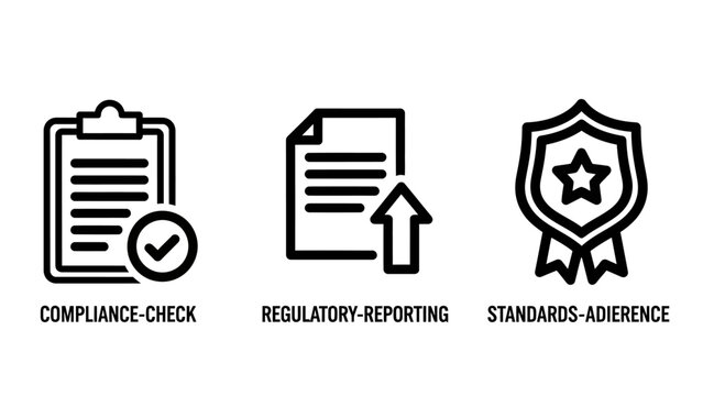 Corporate compliance and regulatory reporting icons with compliance regulatory reporting standards adherence business certification verified document clipboard corporate governance