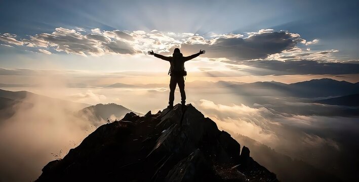Successful Hiker Standing on Mountain Peak with Arms Wide Open Celebrating Victory over Sea of Clouds