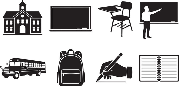 School icons, education symbols, classroom graphics, black and white illustrations