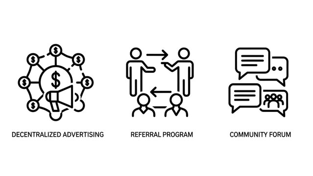 Digital marketing referral programs and community forum communication icons set with marketing referral community communication business advertising strategy engagement customers discussion