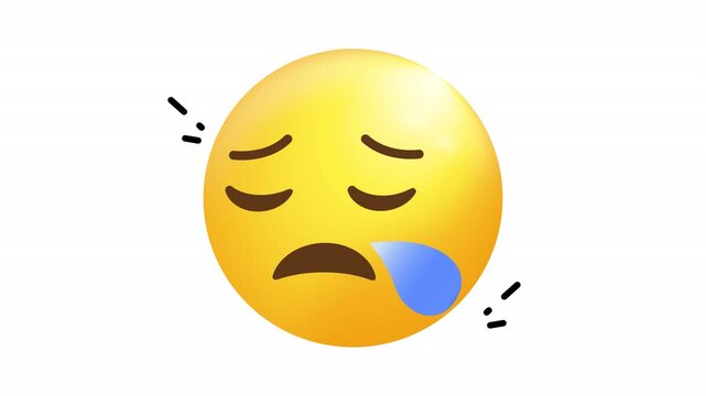 Yellow sad crying emoji ideal for conveying sadness in digital communication  design projects. Blue tear, facial expression, emotive icon.