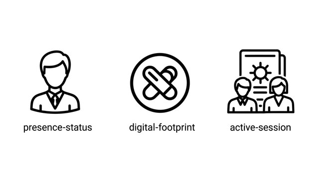 Set of user digital identity and connectivity icons with presence footprint connection business technology communication internet activity management interface professional monitoring