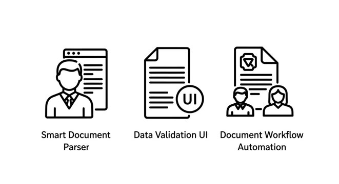 Document parsing and automated workflow icons with document validation workflow automation processing interface business management technology paperwork checking verification organized