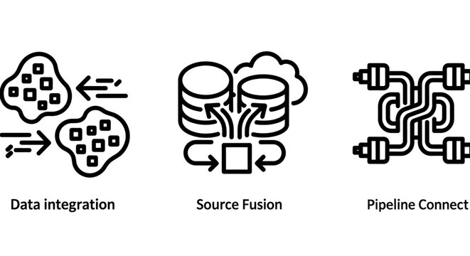 Data integration source fusion and pipeline connect technical icons with integration pipeline technology database information processing computing analytics engineering infrastructure
