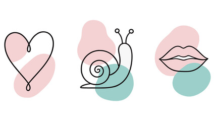 Decorative set featuring a simple line art heart a cute garden snail and female lips with soft pastel colour spots © Uzair