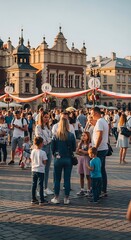 Obraz premium People gathered in Krakow Main Market Square with historic Cloth Hall in the background.