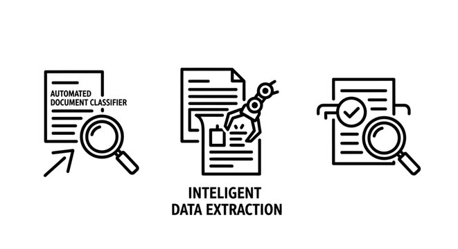 Intelligent data extraction and document processing workflow icons set with extraction document automation magnifying intelligent analysis information technology business software management