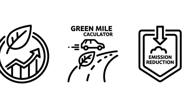 Green mile carbon footprint and emission reduction calculator icons with calculator footprint emission reduction environment sustainability friendly pollution transport technology analysis