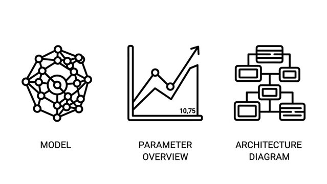 Collection of data science and system architecture conceptual line icons with architecture parameter structure analysis technology development computing algorithm business planning research