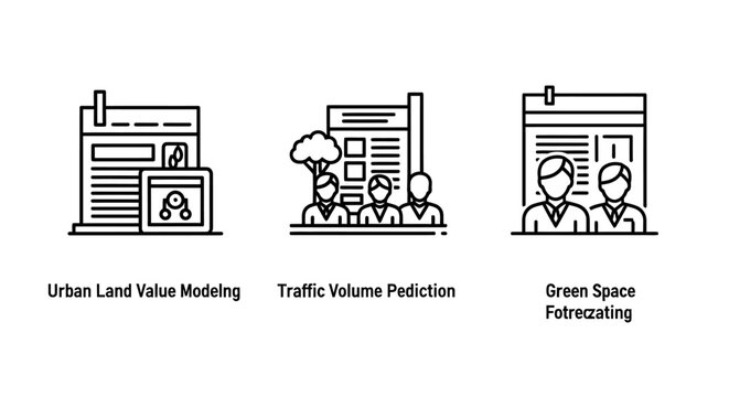 Urban data modeling and predictive analytics icons with modeling predictive analytics environment planning forecasting development analysis infrastructure strategy community research