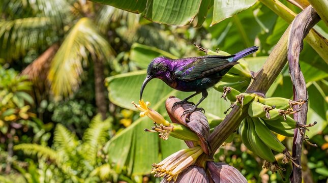 Male Sunbird Perched on Tropical Banana Flower Blossom in Garden